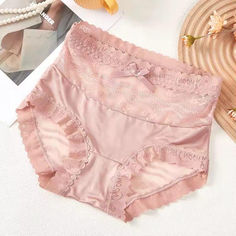 Bow Trim Lace High Waist Seamless Ice Silk Splice Breathable Underpants